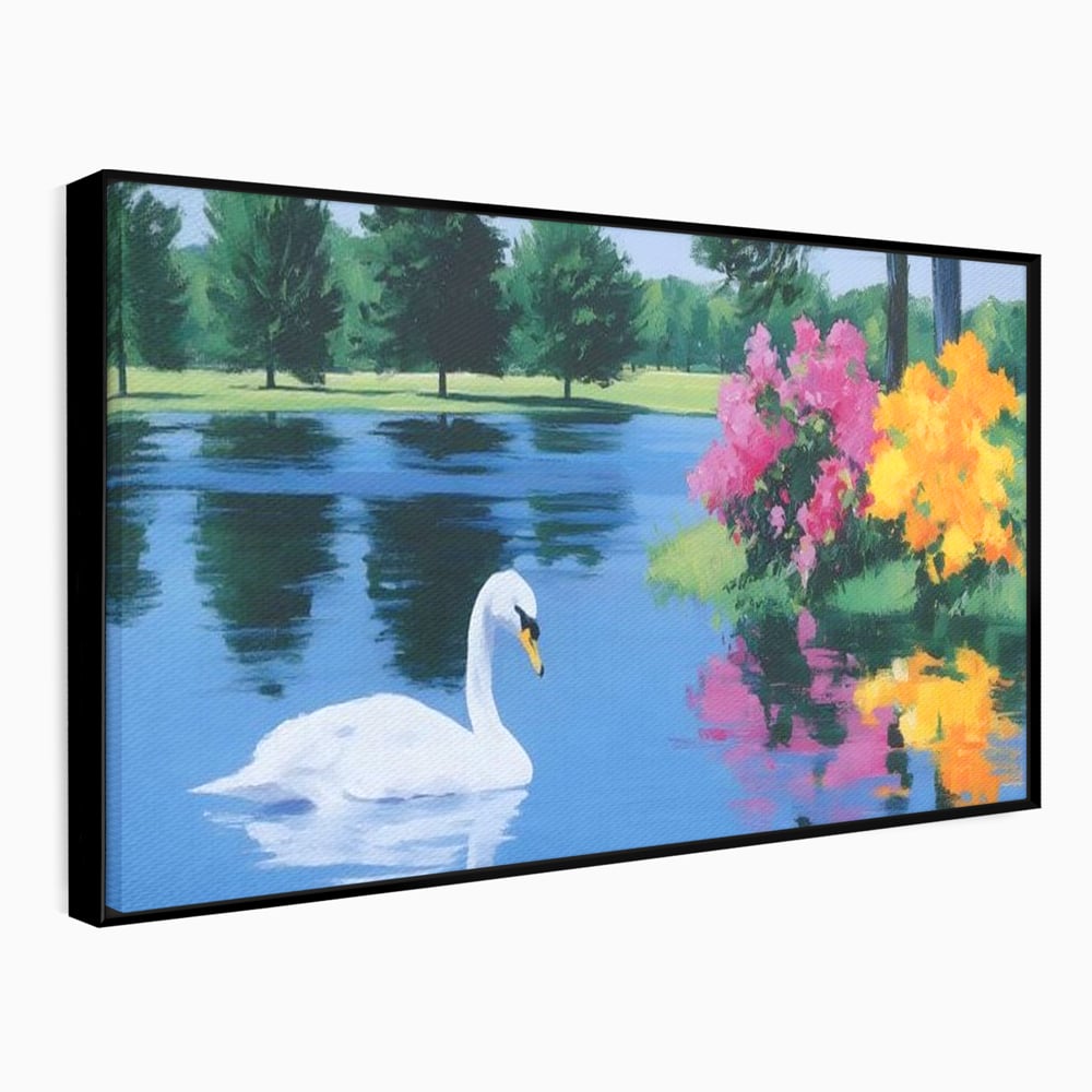 Tablou canvas cu pictura cu lebada pe lac si flori, in rama de aluminiu negru